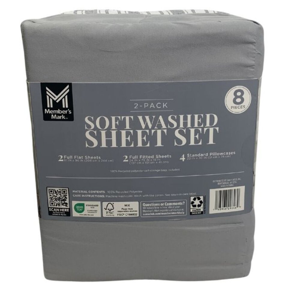 Member's Mark 8-Piece Soft Washed Sheet Set 2 Pack, Solid and Print, Full NWT